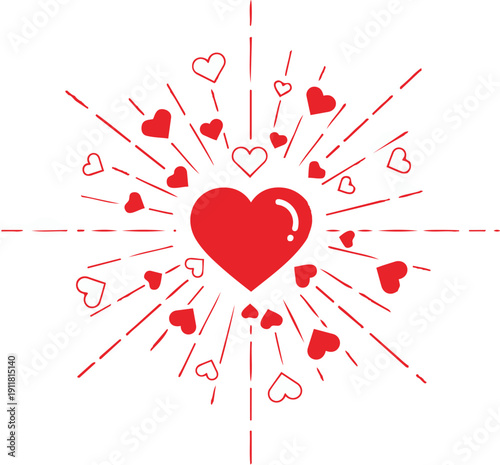 Red heart explosion with smaller hearts and lines on for valentines day