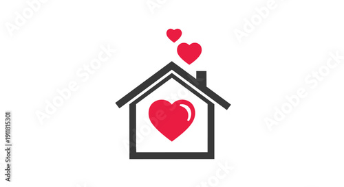 A simple black and red house with heart symbol on roof