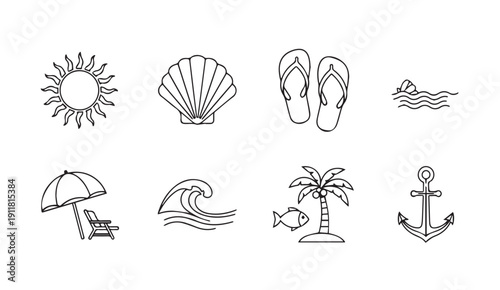 Summer Beach Icons Set: Sun, Shell, Flip Flops, Waves, Palm Tree, Anchor