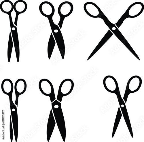 Black scissors silhouette set, showing cutting tool, craft equipment, tailoring supplies and office stationary school concept