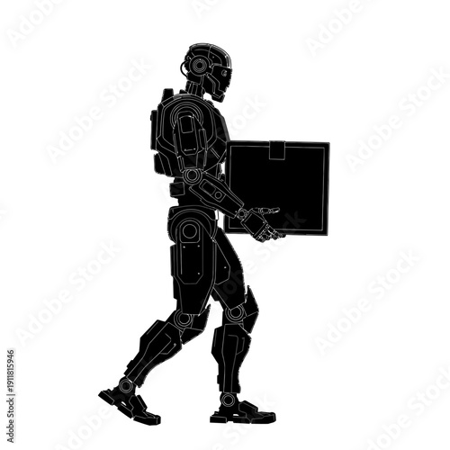 Robot carrying a cardboard box, side view, isolated on white background.