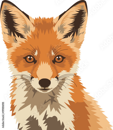 Close-up illustration of a red fox face with detailed fur texture and expressive eyes, vector graphic