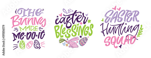 Happy Easter - hand drawn doodle lettering art. Sticker set. Mug print. Egg hunting.Vector illustration. Templates for banners, posters, greeting postcards.