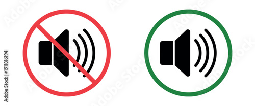 Speaker Volume and Audio Control Icon Set featuring a progression of sound levels from mute to maximum volume, designed in a clean flat vector style for media players and app interfaces
