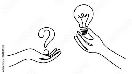 Continuous Line Art Hands Exchanging Question Mark and Light Bulb Idea Concept Minimal Outline Vector Illustration