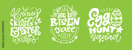 Happy Easter - hand drawn doodle lettering art. Sticker set. Mug print. Egg hunting.Vector illustration. Templates for banners, posters, greeting postcards.