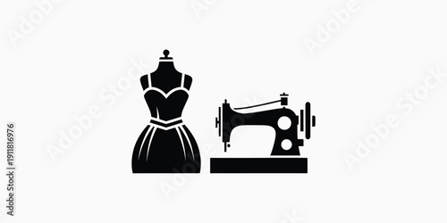 Mannequin and Sewing Machine Illustration Representing Fashion Design and Tailoring Process