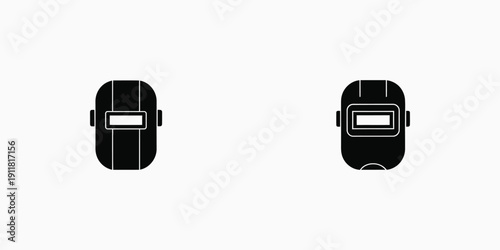 Illustration of two black welding helmets viewed from the front and slightly tilted perspective