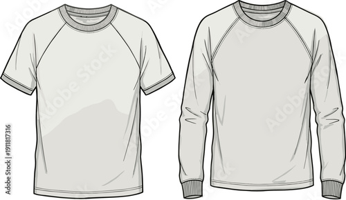 Raglan sleeve t shirt and sweatshirt technical apparel illustration, front views, casual sportswear garment template for fashion design