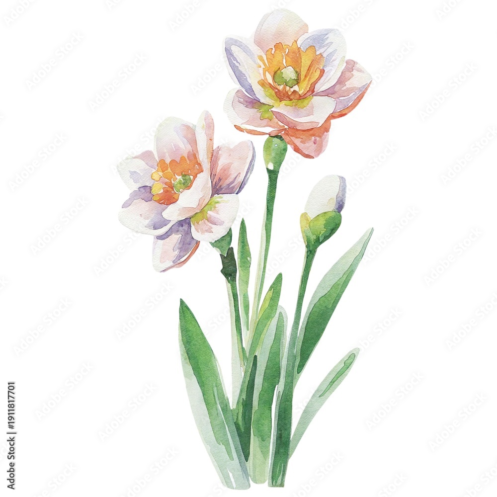 Fototapeta premium Watercolor pink flowers botanical illustration on white