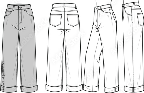 Wide leg jeans technical drawing vector template, front back and side view, high waist denim pants illustration