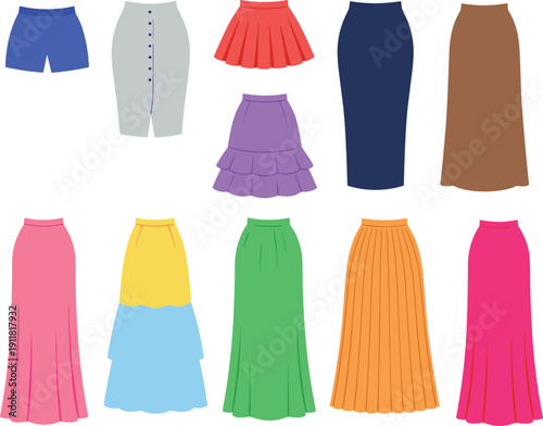Women skirt collection illustration, colorful fashion skirt designs set, modern female clothing styles, casual formal skirts, flat vector apparel