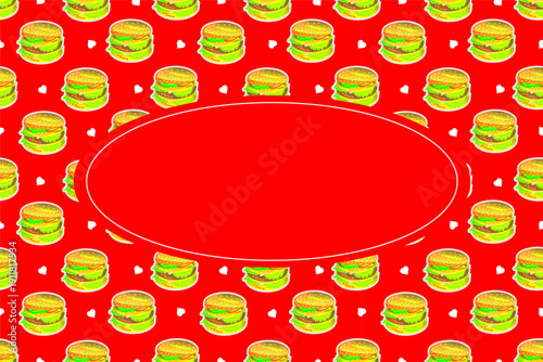 Burger pattern frame background. Seamless burger frame background. Hamburger pattern frame. Fast food burger frame design.