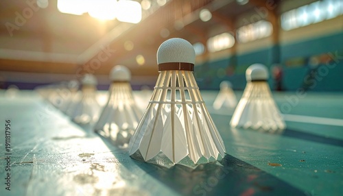 Shuttlecocks lined up on badminton court with depth-of-field