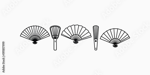 Illustration of traditional Asian hand fans and accessories displayed in a row on a clean background from a front viewpoint