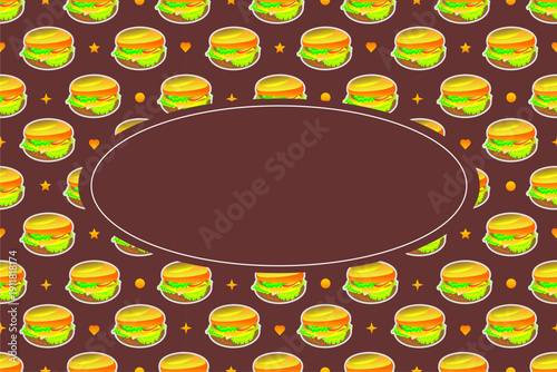 Burger pattern frame background. Seamless burger frame background. Hamburger pattern frame. Fast food burger frame design.