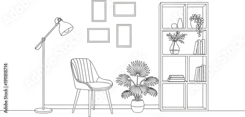 Modern home interior corner with armchair, floor lamp, bookshelf and decorative plants line art vector illustration