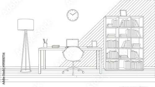 Home Office Interior Line Art Illustration with Desk Chair Bookshelf Lamp and Modern Workspace Design