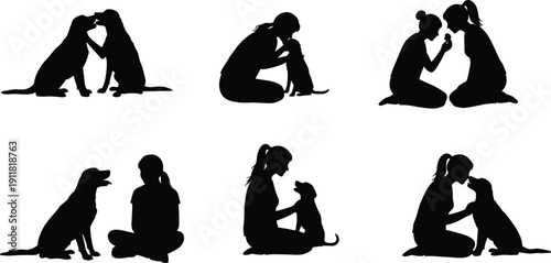 Silhouette people bonding with dogs, affectionate poses illustration, pet owner companionship artwork, emotional connection concept, family love animal artwork