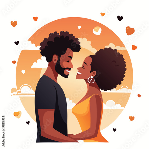 Beautiful African American couple sharing a heartwarming moment, holding hands and smiling lovingly under a vibrant sunset sky filled with hearts, symbolizing deep connection and joyous romance