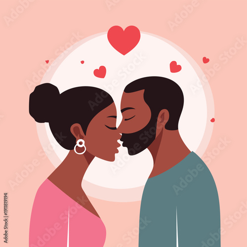 A loving couple sharing a tender kiss with hearts symbolizing their deep affection and connection, celebrating romance and relationships