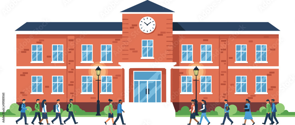 Naklejka premium School Building Exterior Flat Vector Illustration with Students Walking Campus Education Architecture Scene