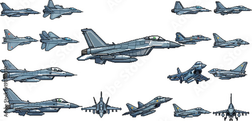 Collection of detailed pixel art military jet aircraft sprites showcasing various aerial combat fighters from different angles for game development projects