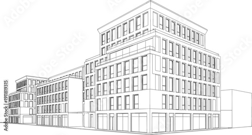 Modern Office Building Exterior Line Art Illustration with Urban Architecture Commercial Real Estate Concept