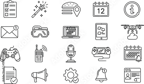Technology and Communication Line Icon Set with Calendar Email Gaming Drone and Notification SymbolsTechnology and Communication Line Icon Set with Calendar Email Gaming Drone and Notification Symbols