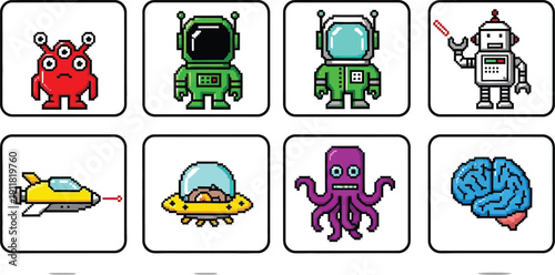 Collection of eight distinct pixel art icons featuring retro space and science fiction elements like aliens robots astronauts and spacecraft symbols