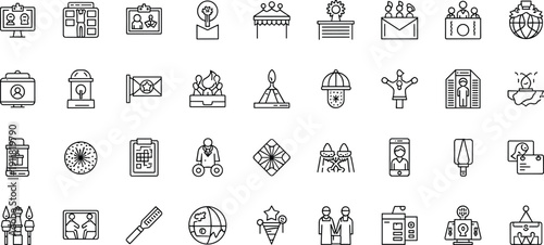 Event management and business line icons set with meeting, presentation and corporate organization symbols