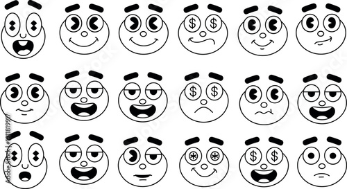 Set of retro cartoon character facial expressions with various emotions including happy sad surprised and money eyes for animation.