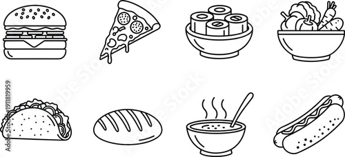  Fast Food and Meal Line Art Icon Set with Burger Pizza Sushi Soup Bread and Hotdog