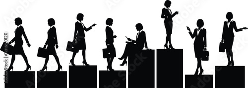 Businesswoman silhouettes collection, professional women walking presenting sitting, corporate career growth black vector illustration isolated set
