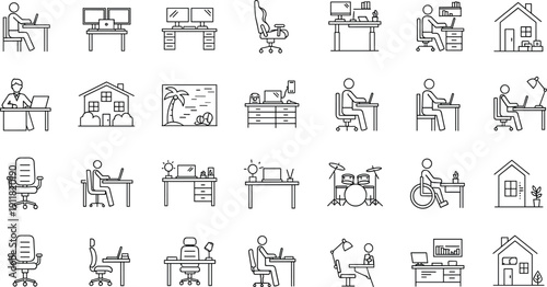 Remote work and home office lifestyle line icons set with workspace, house, desk, computer and productivity symbols