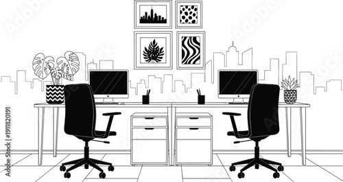 Modern dual workspace office interior line art vector illustration with two desks, computers, chairs and wall decor