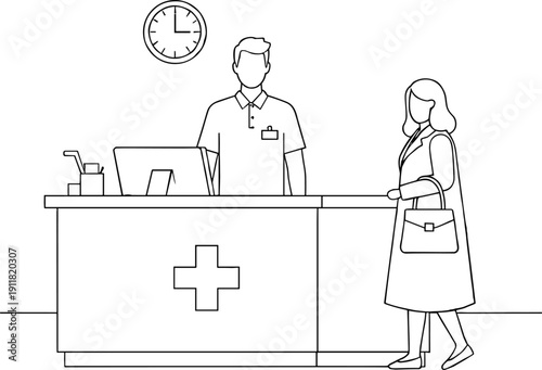 Hospital reception desk with medical staff assisting female patient line art vector illustration