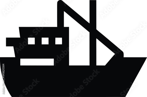 fishing trawler silhouette line art vector illustration on transparent background