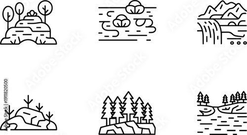 Black and white line of various natural landscapes line black and white mountains trees water