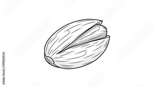 Detailed stippled line art of a single pistachio nut in its half open shell highlights the texture and shape of this healthy snack food.