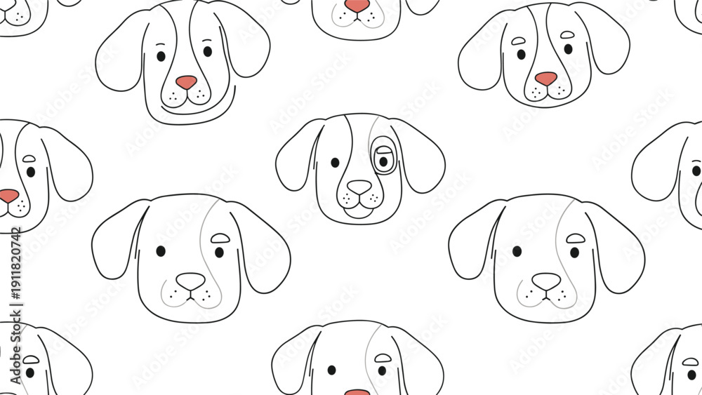 Fototapeta premium Seamless pattern of white dog faces with floppy ears and red noses, creating a playful and friendly pet-oriented decorative background.