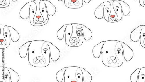 Seamless pattern of white dog faces with floppy ears and red noses, creating a playful and friendly pet-oriented decorative background.