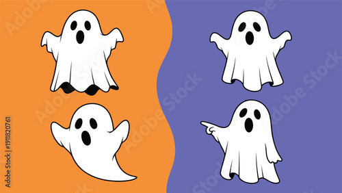 Four cartoon ghosts in different poses on a split orange and purple background, perfect for Halloween celebrations and spooky decorations.
