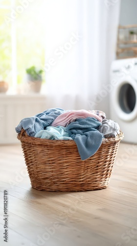 Laundry basket overflowing with clothes in bright laundry room