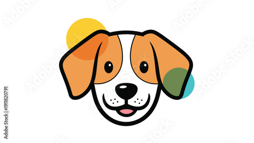 Close-up illustration of a smiling dog's face with colorful dots in the background, representing a friendly and happy pet companion.