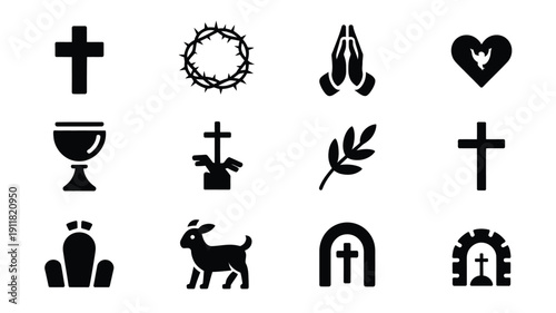 Collection of 12 minimalist christian symbols and icons including crosses crown of thorns praying hands heart chalice leaf lamb and tombstone on white background for design and religious