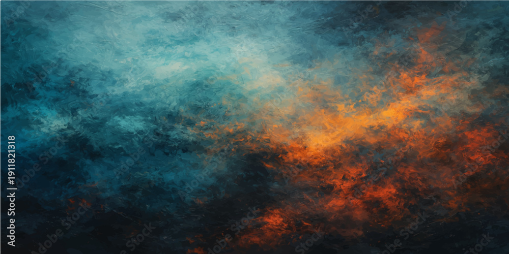 Obraz premium A dark abstract grunge background texture features a bright sun shining through blue storm clouds and smoke over a deep sea backdrop with space for design