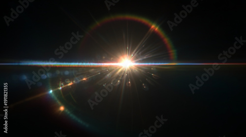 Obraz na płótnie Bright Sunburst with Faint Rainbow Lens Flare and Spectral Ghosting on Black Background