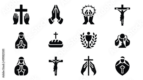 Collection of minimalist black christian symbols and icons including crosses praying hands and religious motifs on white background