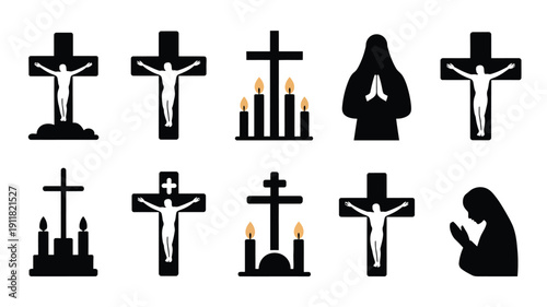 Good friday religious silhouette logo collection with crosses praying hands and candles on white background